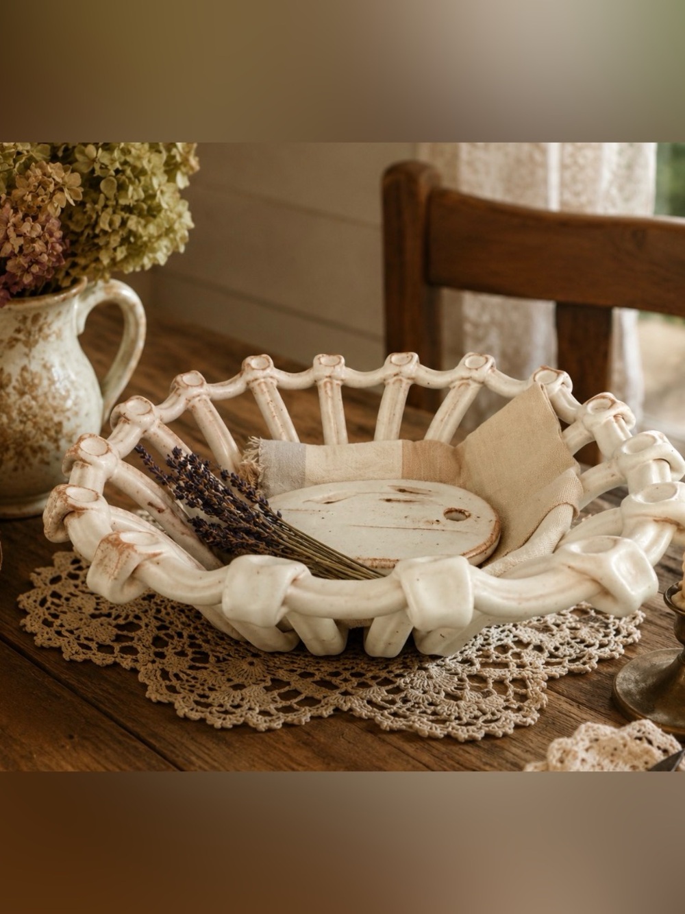 Rustic White Ceramic Decorative Bowl Basket with ceramic “weight”